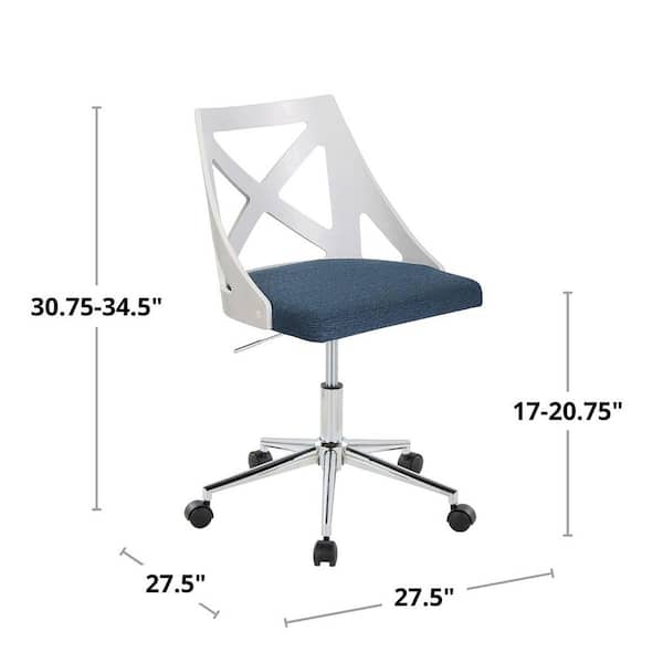 Charlotte Fabric Adjustable Task Chair in Blue Fabric, White Textured Wood and Chrome Metal with 5-Star Caster Base