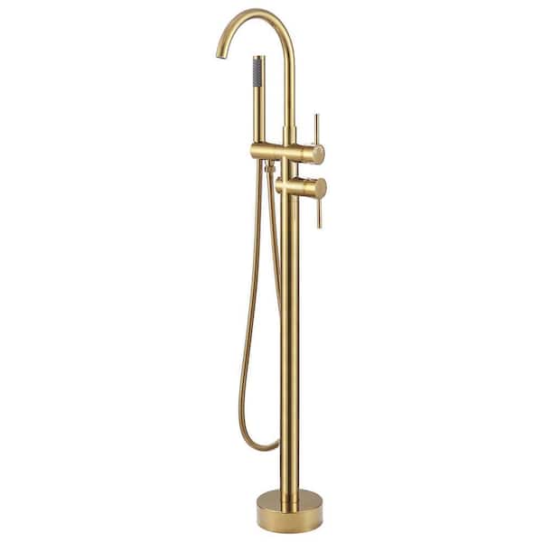 Single-Handle Freestanding Floor Mount Roman Tub Faucet Bathtub Filler with Hand Shower in Brushed Gold