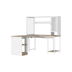 63 in. W L-Shape White Multi-Color Wooden No Drawer Computer Desk, Writing Desk 5-Shelf, Keyboard Tray and Glass Top