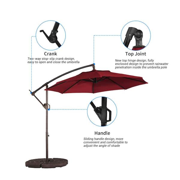 10 ft. Steel Pole Patio Cantilever Umbrella 2-Way Stop Slip Crank Design Outdoor Market Umbrella in Burgundy