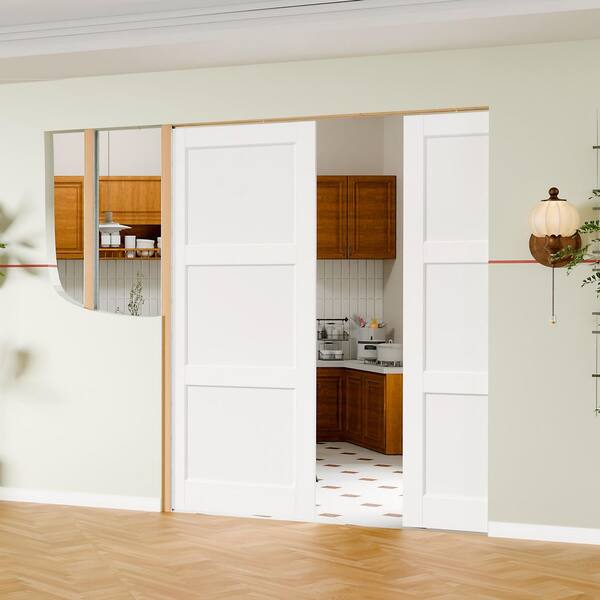 48 in. x 80 in. White Primed 3-Panel Core Pine Wood Sliding Pocket Door with Soft Close, Frame and Hardware Kit Set