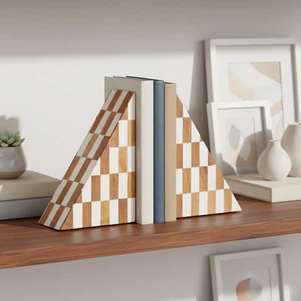 Ivory 7 in. Resin Right Checkered Triangle Bookends (Set of 2)