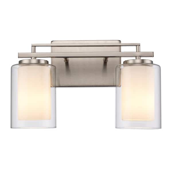 Lisbon 14.25 in. 2-Light Brushed Nickel Bathroom Vanity Light Fixture with Clear Glass Outer and Opal Glass Inner Shades