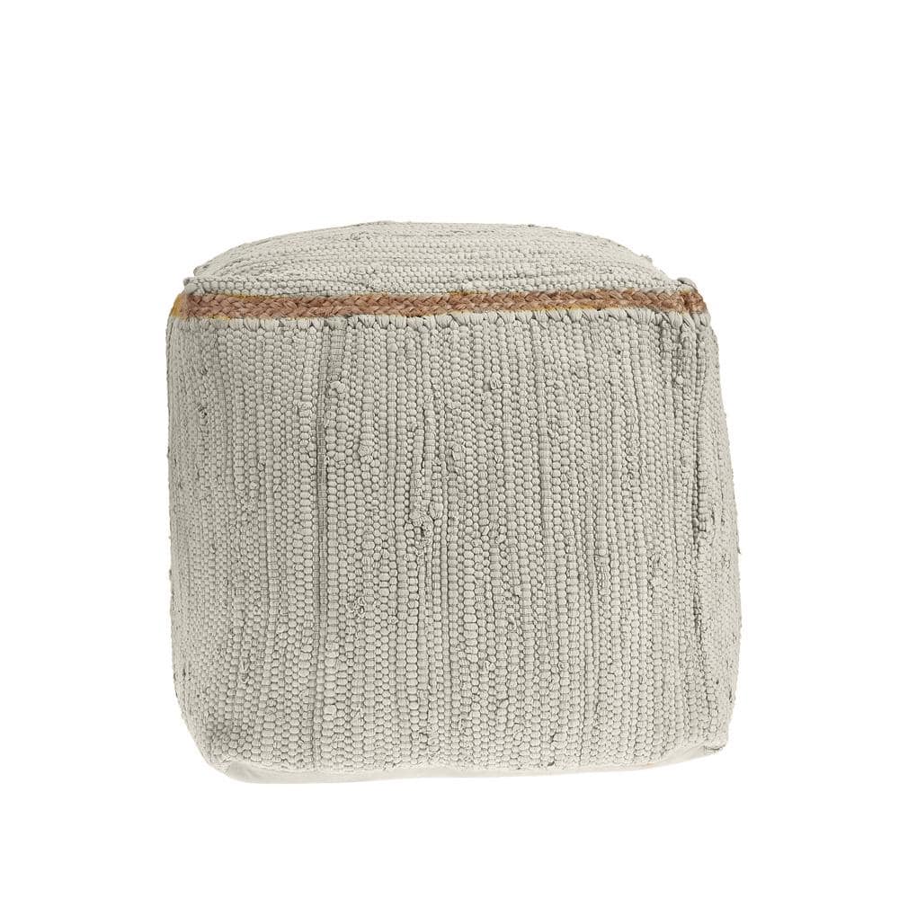 Dillion Birch Bordered Hand-Loomed Organic Cotton Pouf With Jute Braid