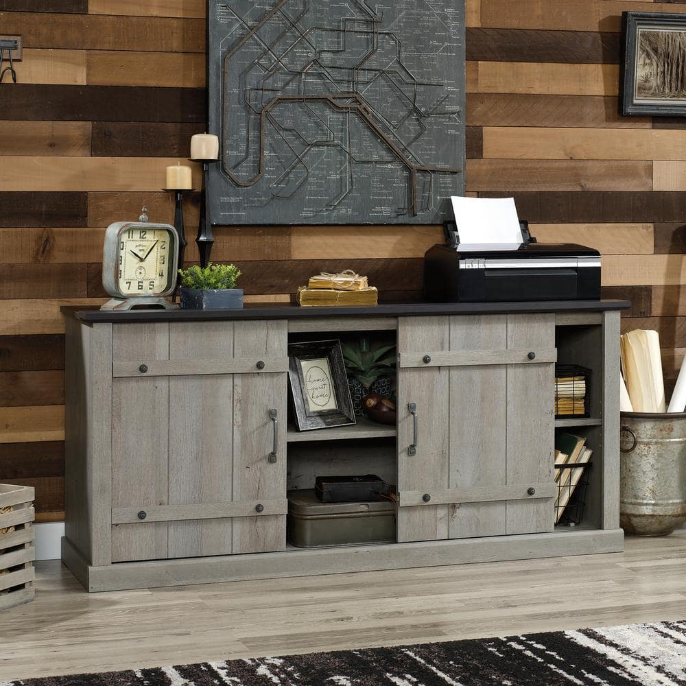 Mystic Oak and Raven Black 70" Farmhouse TV Stand with Barn Doors
