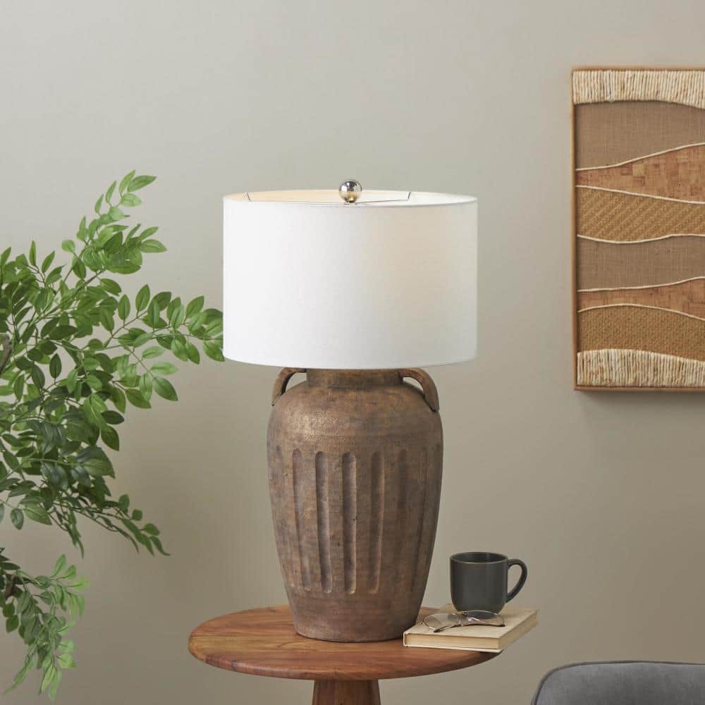 29 in. Brown Ceramic Antique Style Pot Vase Task & Reading Table Lamp with Cream Linen Shade and Textured Grooves -  Litton Lane, 046640