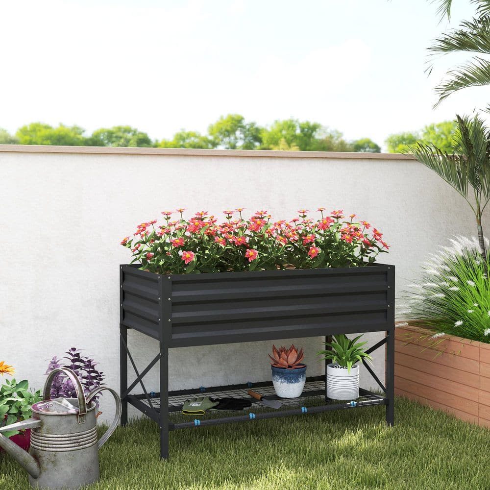 Gray Galvanized Metal Raised Garden Bed with Storage Shelf