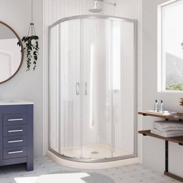 DreamLine Prime 33 in. x 74-3/4 in. Semi-Frameless Sliding Corner Shower Kit in Brushed Nickel with Biscuit Base