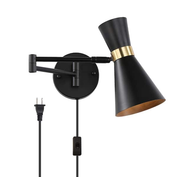 Zompoo Modern 5.3 in. 1 Light Plug in Wall Sconces with Black Swing Arm Shade, Farmhouse Reading Wall Lamp with Switch