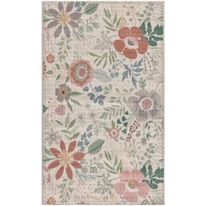 Washables Cream Multicolor 3 ft. x 5 ft. Botanical Traditional Area Rug