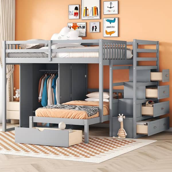 Harper & Bright Designs Gray Wood Frame Full over Twin Bunk Bed with Built-in Wardrobe, Multiple Drawers, Storage Staircase