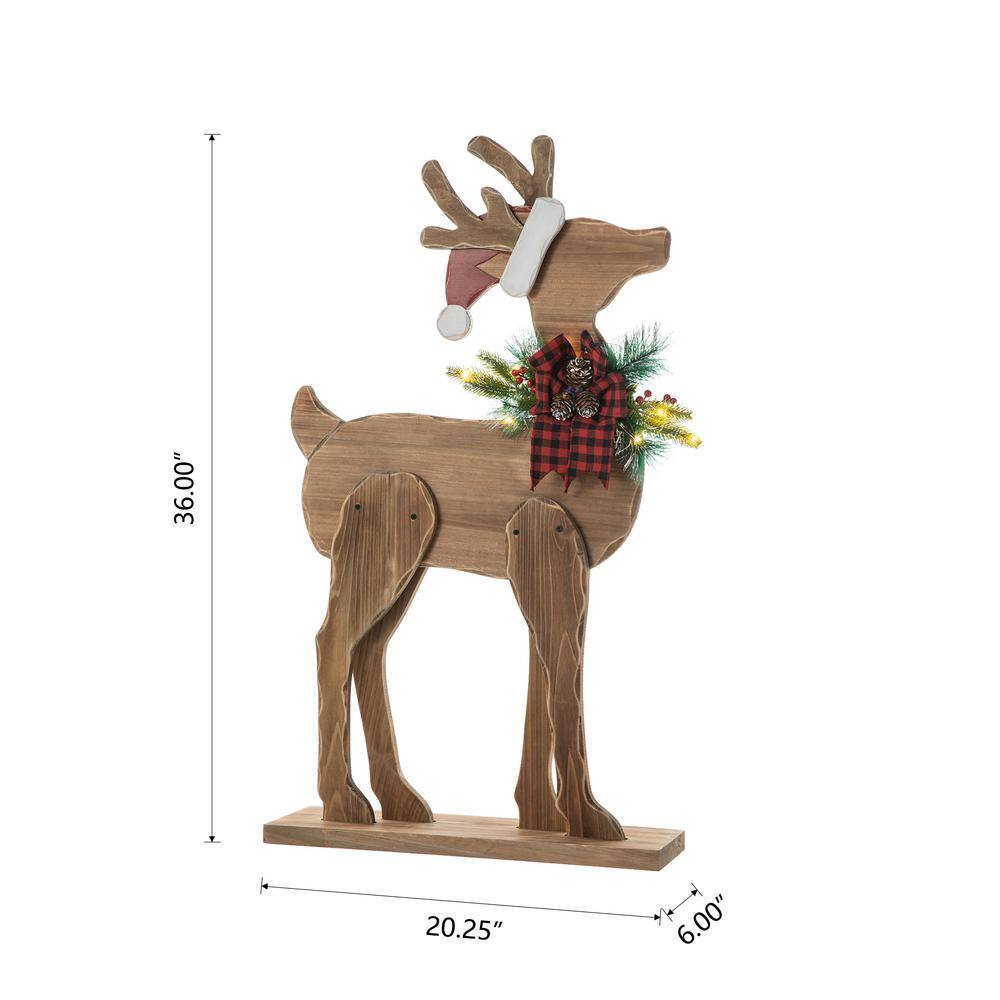Chunky Wood Reindeer Porch Decor with Red Hat and Plaid Bow