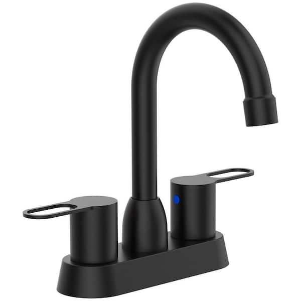 4 in. Centerset Double Handle High Arc Bathroom Sink Faucet with Drain Kit in Matte Black