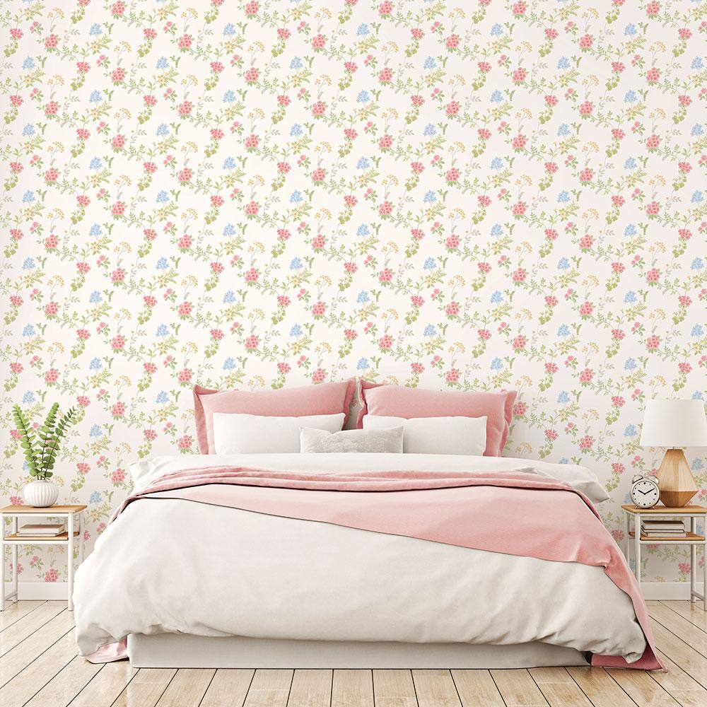 Fern Floral Pink, Green, Yellow Vinyl Wallpaper Roll