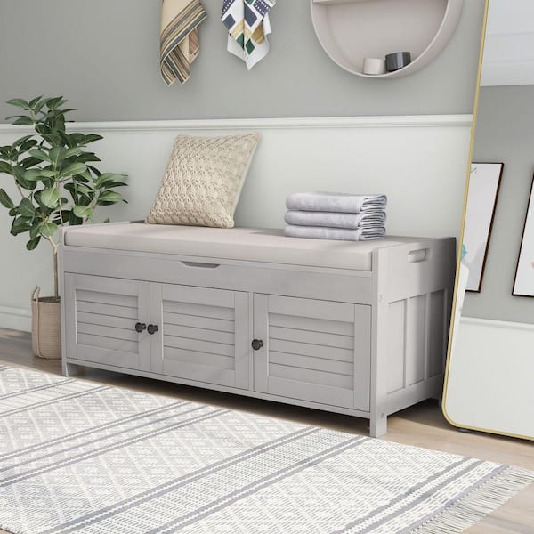 Damaris 18.00 in. H x 43.50 in. W Gray Wash Wood Shoe Storage Bench with Cushion, Cabinets and Doors