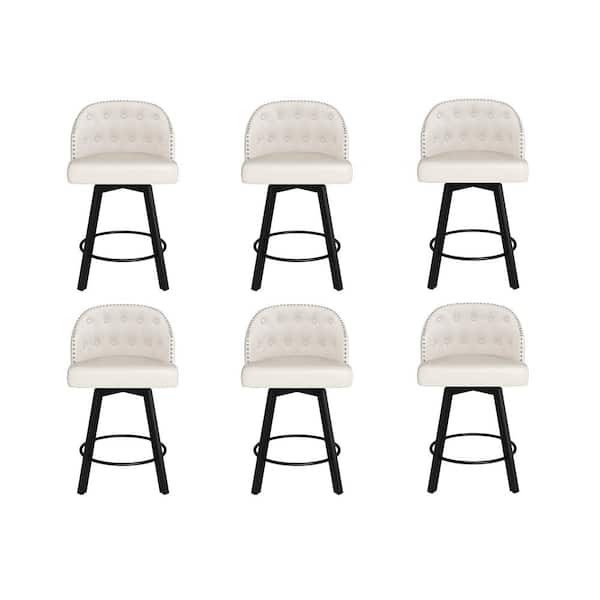 LUE BONA 26in. White Faux Leather Upholstered Metal Frame Counter Height Swivel Bar Stools With Bright Silver Rivets (Set of 6)