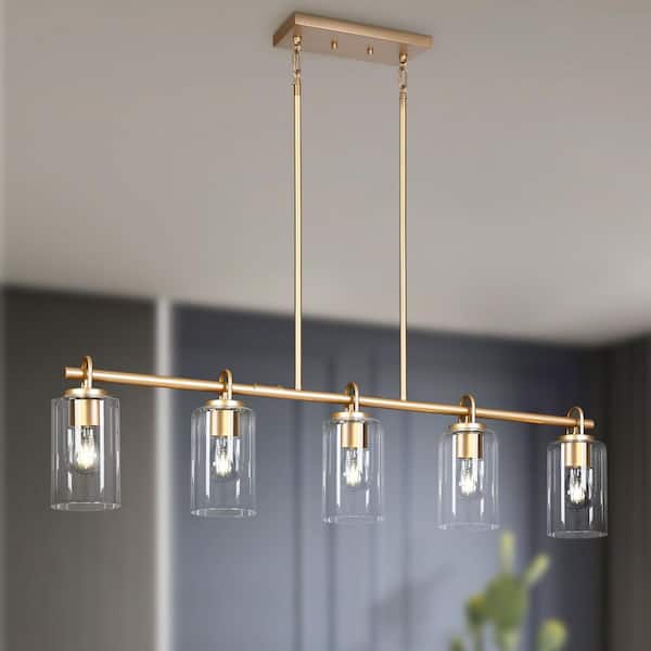 41.3 in. 5-Light Gold Modern Kitchen Island Chandelier, Large Industrial Rectangle Dining Room Pendant Light