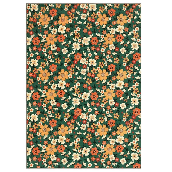 Green 9 ft. x 12 ft. Farmhouse Color Floral Low Pile Non-Shedding for Living Room Bedroom Area Rug