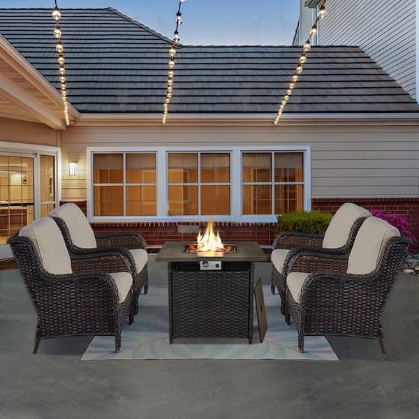 Pocassy 5 Piece Wicker Patio Chairs for 4 with 30 in. Gas Propane Fire Pit Table Outdoor Chair Sets