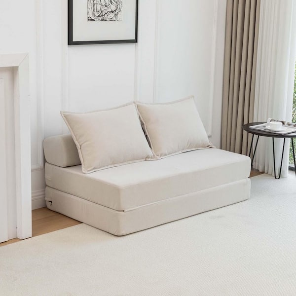 Unbranded 47.63 in. Beige Corduroy Fabric Twin Size Sofa Bed Convertible Sleeper Chair Pull Out Loveseat Sofa Portable Sofa Bed