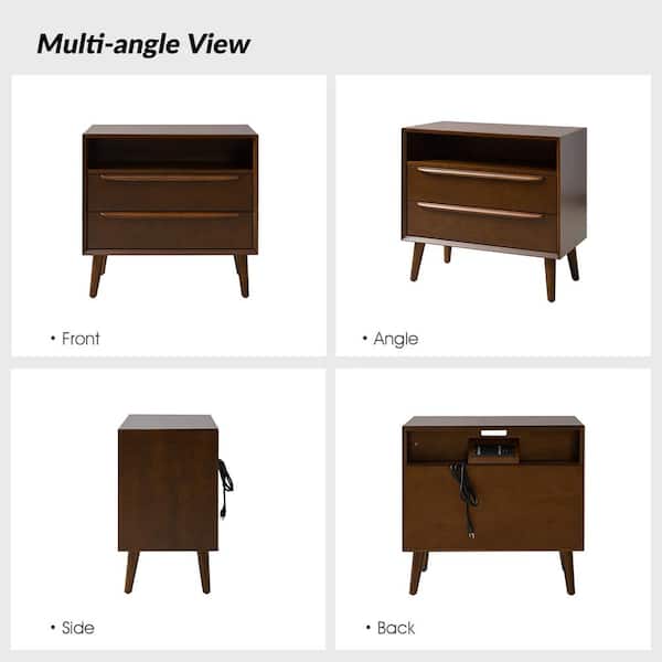 with CREATION Leslie - Walnut 2-Drawer The NSHM0847-WAL-S2 2) Built-In Outlets Mid-Century Nightstand JAYDEN (Set Home Modern of Depot