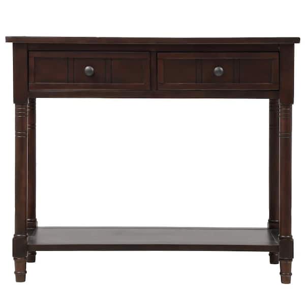 ATHMILE Espresso 35.43 in. Daisy Series Rectangle Wood Console Table with Two Drawers and Bottom Shelf