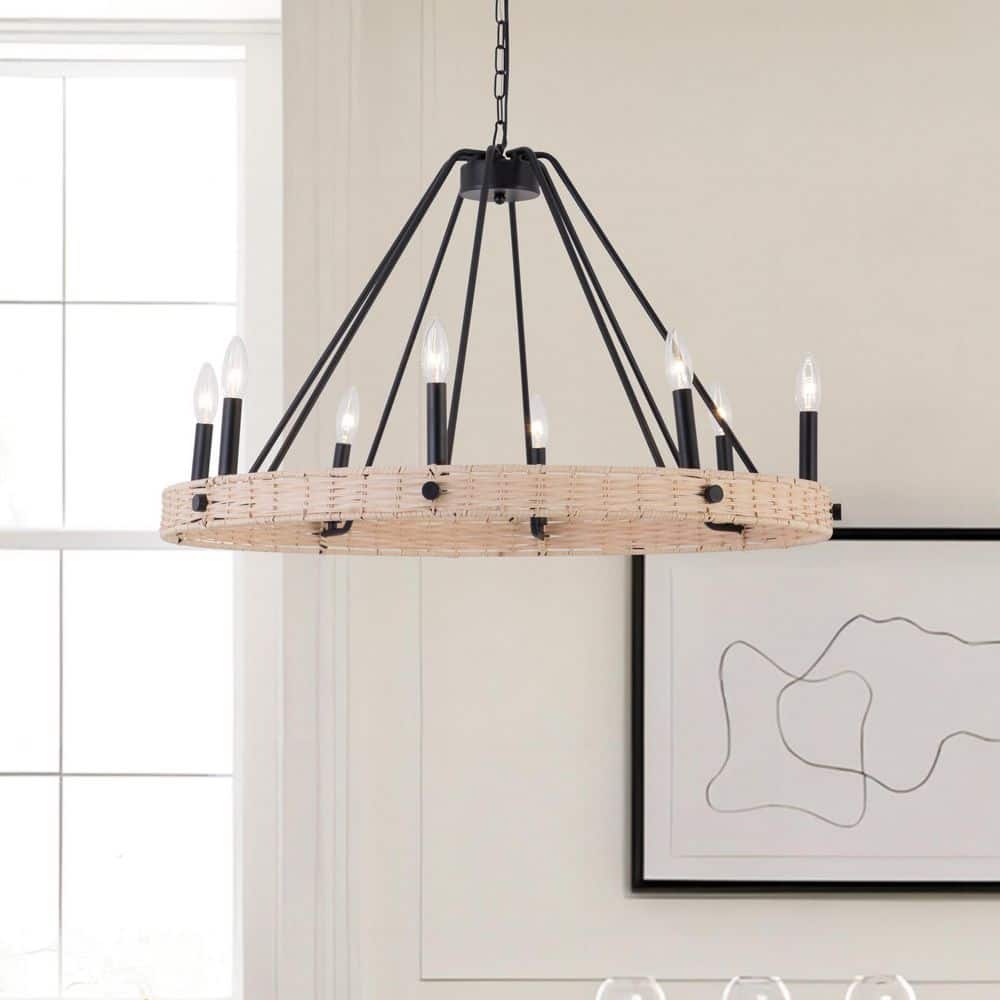 Bismarck 8-Light 31.5 in. Black Wooden Farmhouse Wagon Wheel Dimmable Chandeliers Living Dining Foyer Lighting price history on PriceWatchPro