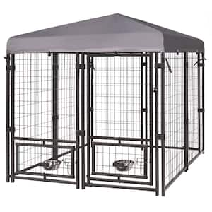 4.5 ft. x 4.5 ft. Dog Kennel Outdoor Dog Enclosure with Rotating Feeding Door and Polyester Cover