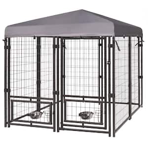 4.5 ft. x 4.5 ft. Outdoor Dog Kennel Fence with Rotating Feeding Door and Polyester Roof