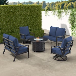 Black 7-Piece Aluminum Patio Fire Pit with 2-Deep Seating Loveseat and 2-Club Chairs Blue Cushions