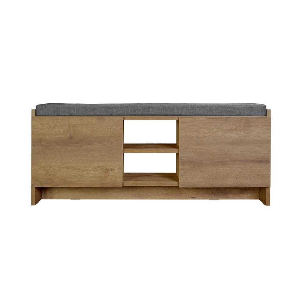 Rustic Walnut Shoe Storage Bench with Shelves and Cushion