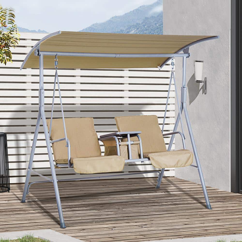 Beige Metal 2-Person Outdoor Swing with Canopy and Storage