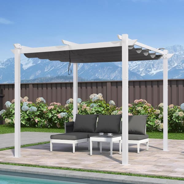 PURPLE LEAF 10 ft. x 10 ft. White Aluminum Frame Patio Pergola Gazebo with Gray Retractable Sunshade Canopy and Extra Top Roof