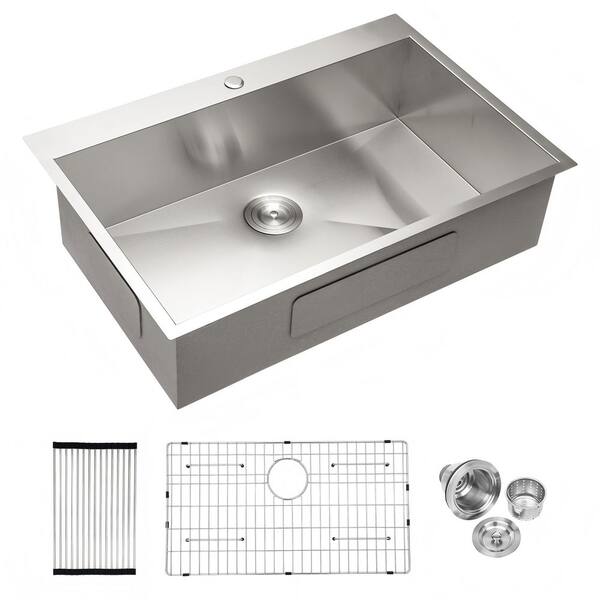 28 in. Drop-in Single Bowl 16 Gauge Brushed Nickel Stainless Steel Kitchen Sink and Bottom Grids