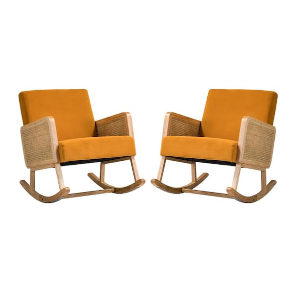 JAYDEN CREATION Williams Yellow Rocking Chair with Rattan Arms (Set of 2)
