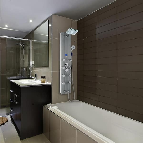 AKDY 52-in Grey Stripe Pattern Tempered Glass 8-Spray Shower Panel System (Valve Included)