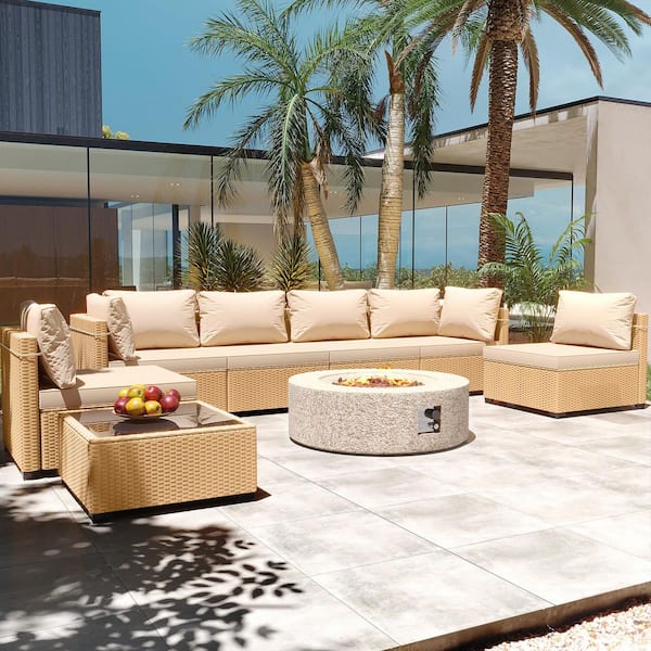 PATIO WATCHER 8-Piece Wicker Patio Conversation Set with Cushions and 42 in. Outdoor Round Fire Pit Table, Beign Cushions