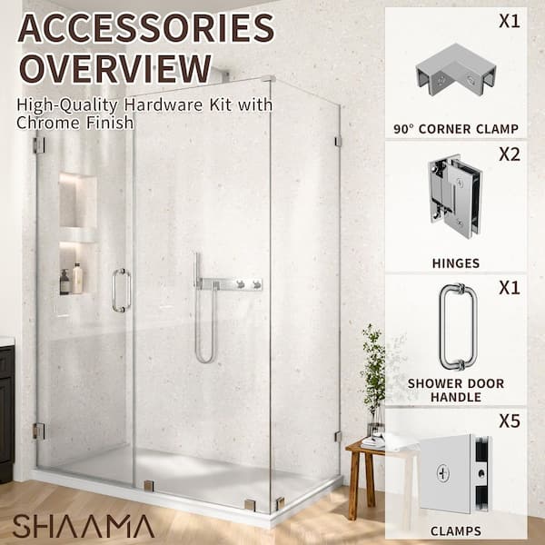 28-32 in. W Corner Shower Door Hardware Pack in Chrome Includes Corner Clamp, 2 Hinges, 5 Clamps, Handle(1-Pair)