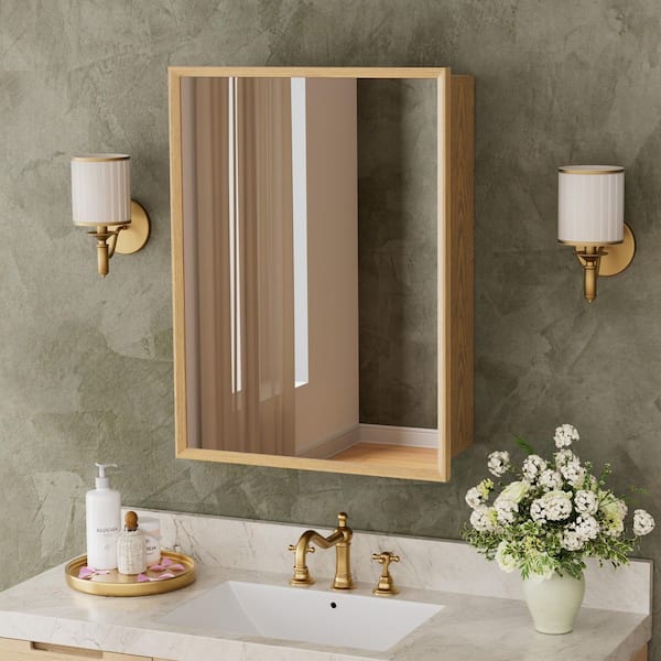 Reno 24 in. W x 30 in. H Rectangular Wood Medicine Cabinet with Mirror, Adjustable Shelves, Oak, Recessed/Wall Mount