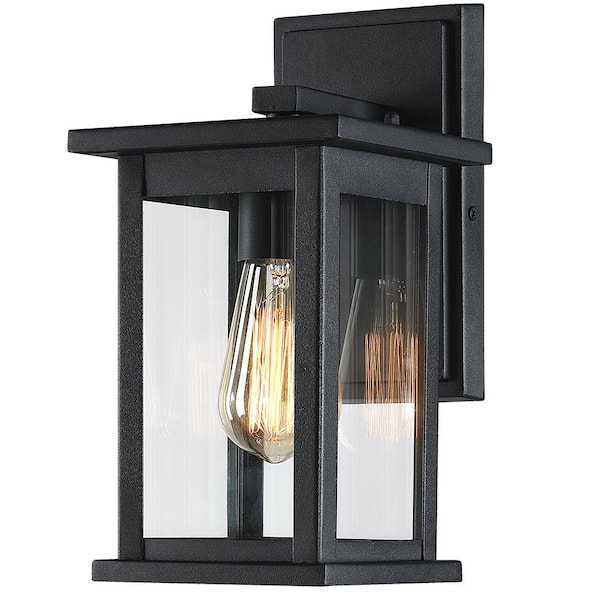 TRUE FINE 1-Light Modern Black Hardwired Outdoor Wall Lantern Sconce with Clear Glass Panels