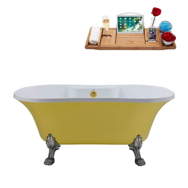 Streamline 60 in. Acrylic Clawfoot Non-Whirlpool Bathtub in Matte Yellow With Brushed Nickel Clawfeet And Polished Gold Drain