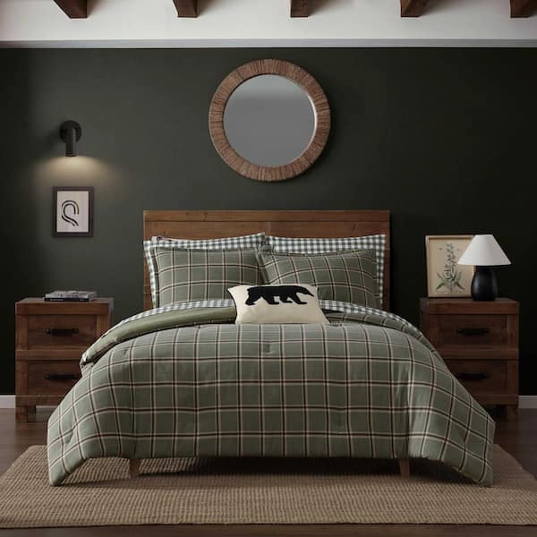 Alpine Plaid 3-Piece Green/Brown Flannel Cotton King Comforter Set
