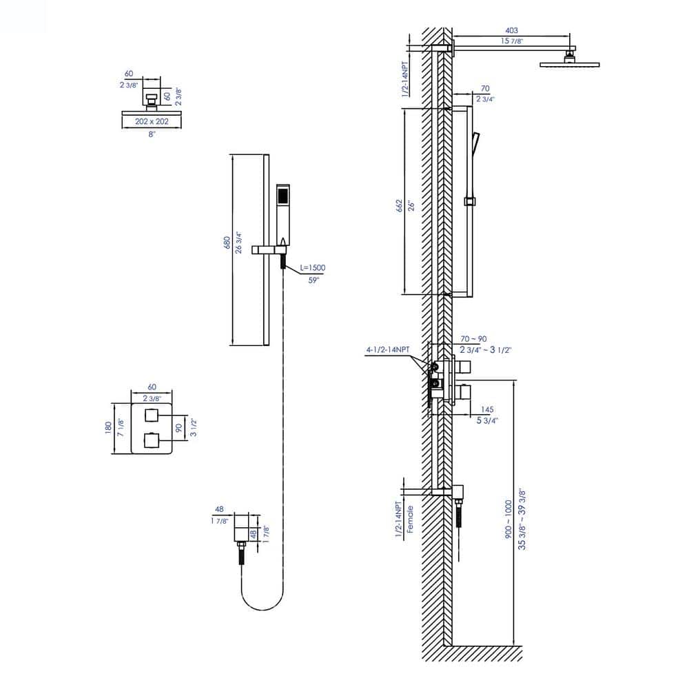 Polished Chrome Adjustable Height Multi-Head Shower System