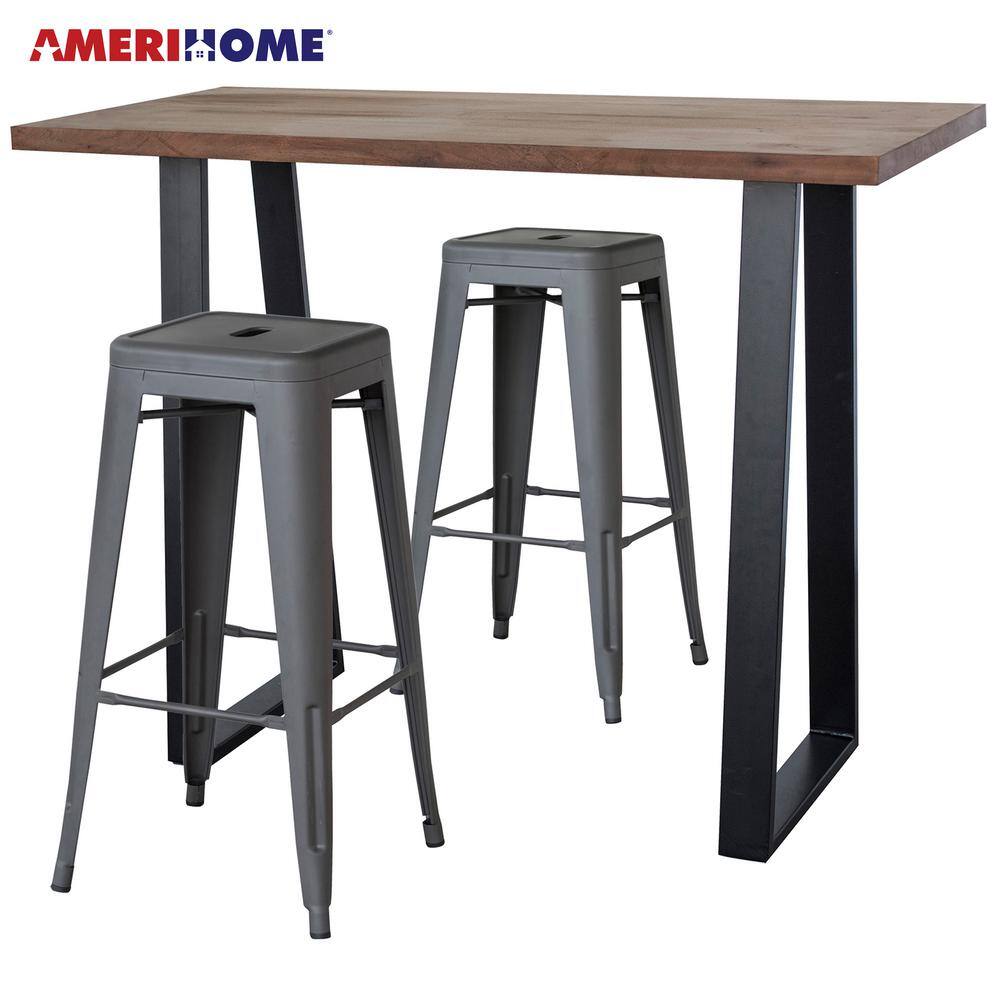 AmeriHome Dark Pewter Acacia Wood Top Bar Height Pub Set with Dark