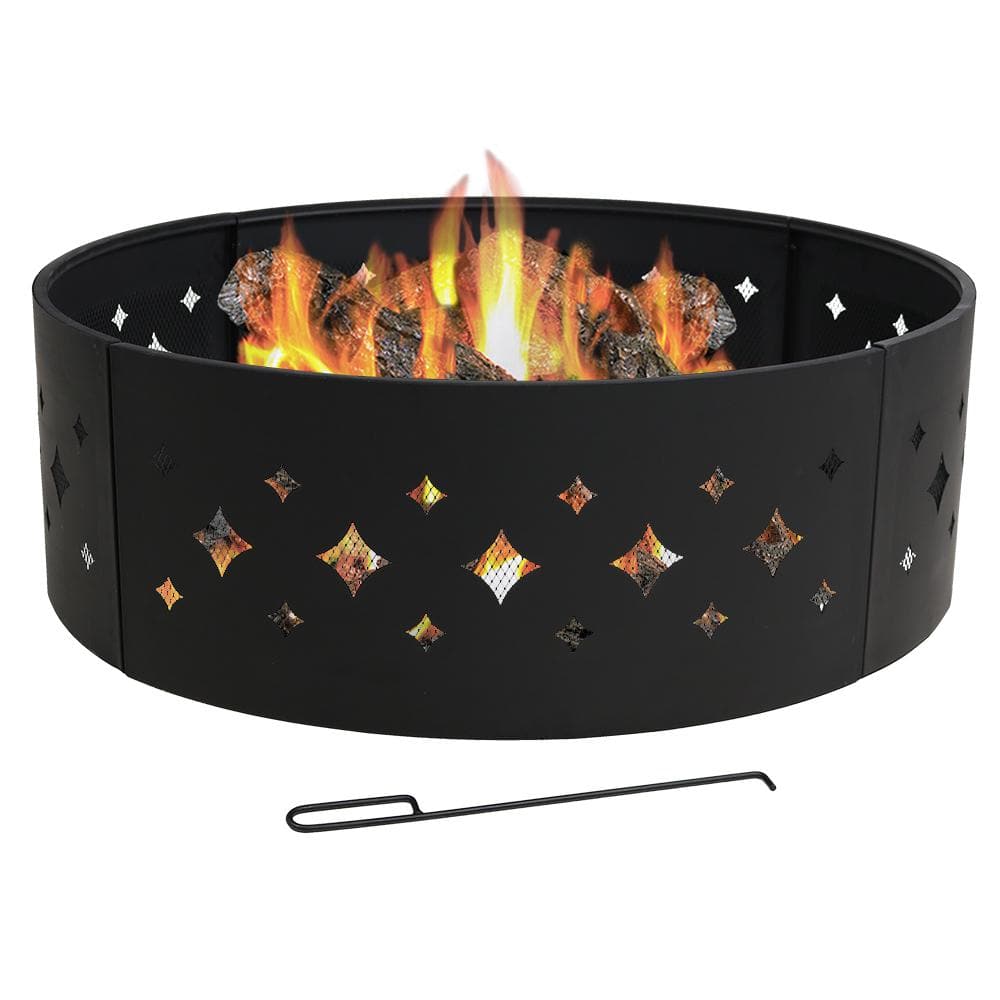 Sunnydaze 36-Inch Black Steel Wood-Burning Fire Pit Ring with Diamond Cutouts
