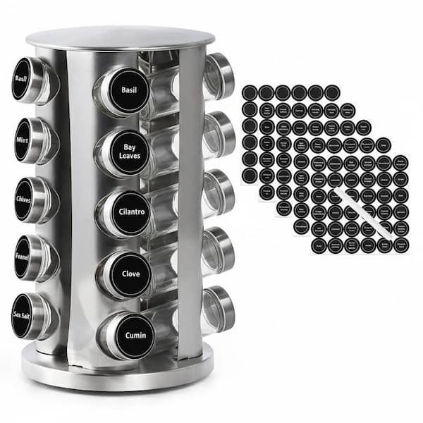20 Pack Stainless Steel Revolving Countertop Spice Rack Organizer with Glass Jars and Preprinted Labels
