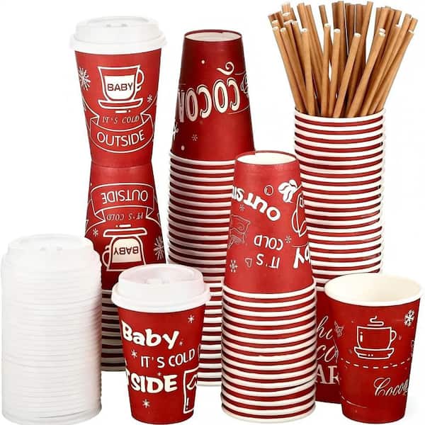 12 oz. Red Christmas Printed Disposable Coffee Cup with Lids Straws Paper Kitchen Cup for Party (Set of 48)​