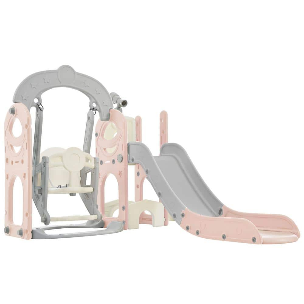  Pink and Gray 5-in-1 Freestanding Playset with Telescope, Slide and Swing Set