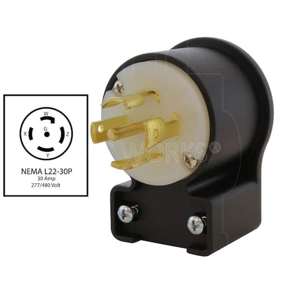AC WORKS NEMA L22-30P 30A 3-Phase Y 277/480V Elbow 5-Prong Locking