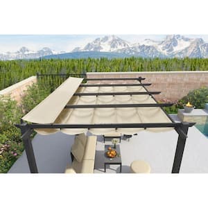 10 ft. x 13 ft. Gray Aluminum Frame Pergola with Beige Retractable Sun Shade Canopy and Extra Top Roof